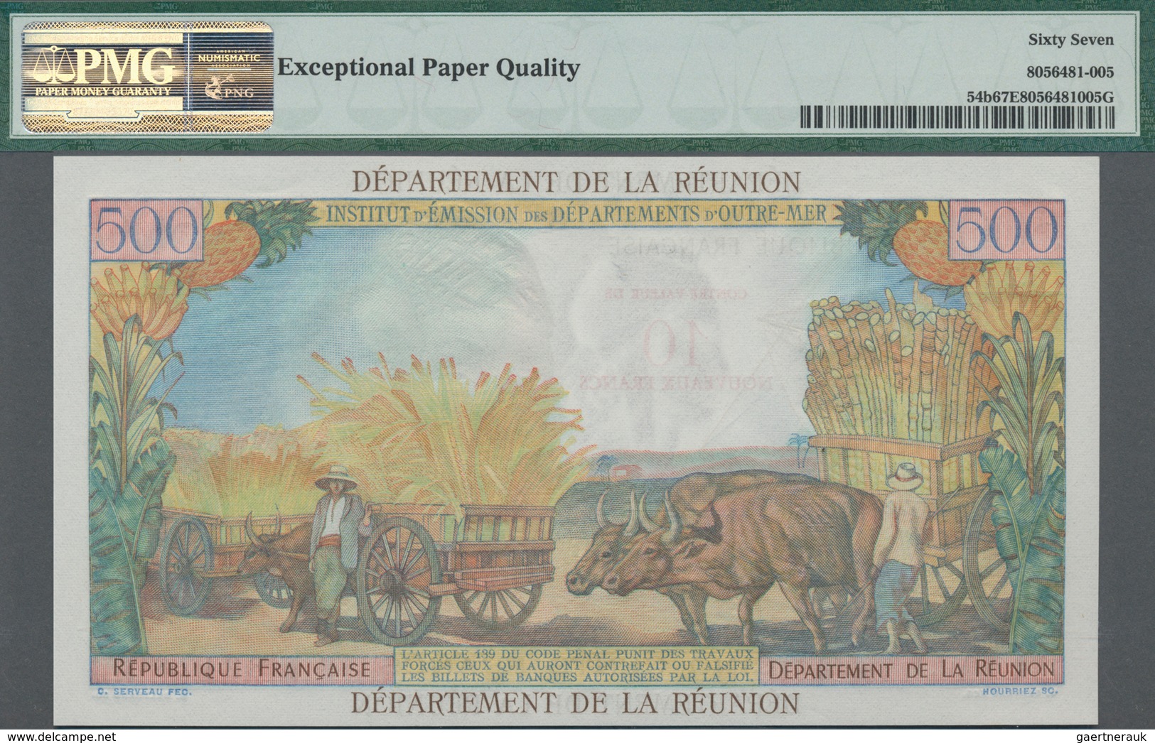 Réunion: Institut D'Émission Des Départements D'Outre-Mer 10 Nouveaux Francs Overprint On 500 Francs - Réunion