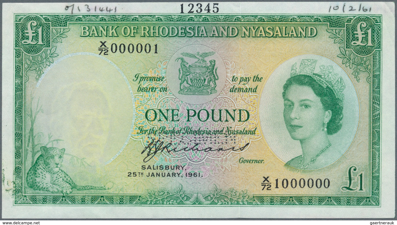 Rhodesia & Nyasaland: 1 Pound January 25th 1961 SPECIMEN, P.21bs With Perforation Specimen At Lower - Rhodésie