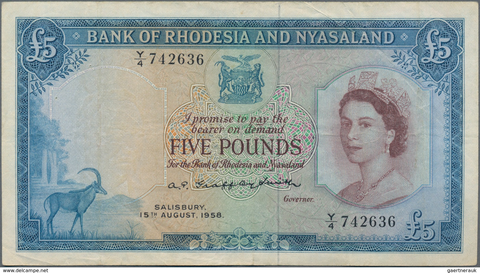 Rhodesia & Nyasaland: Bank Of Rhodesia And Nyasaland 5 Pounds 1958, P.22a, Still Great Original Shap - Rhodesien