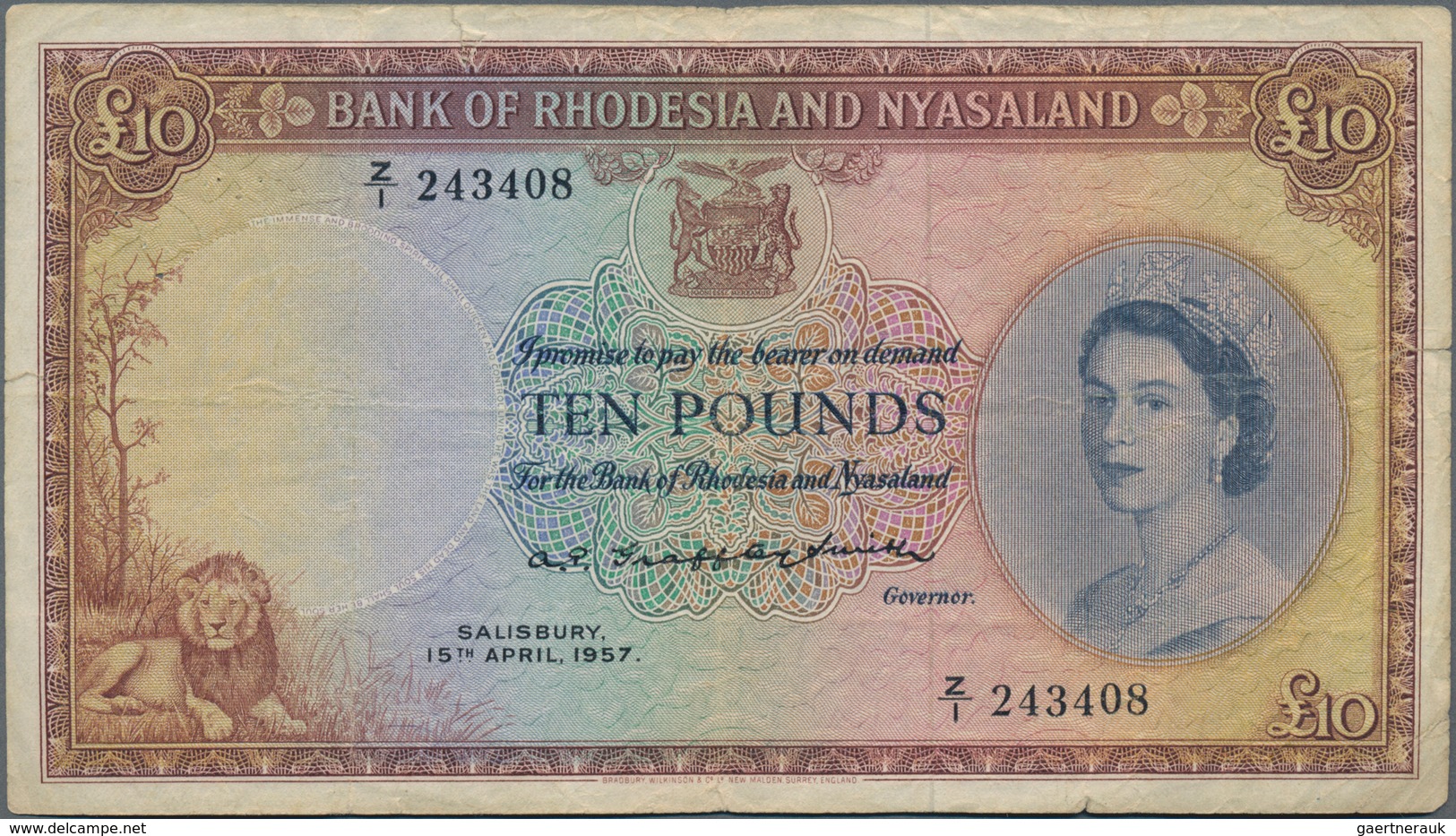 Rhodesia & Nyasaland: Bank Of Rhodesia And Nyasaland 10 Pounds 1957, P.23a, Highest Denomination And - Rhodésie