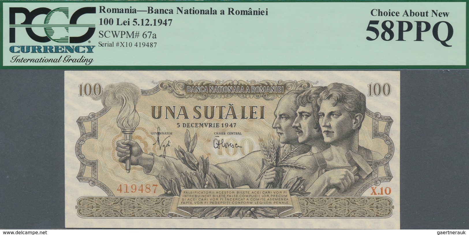 Romania / Rumänien: Banca Naţională A României 100 Lei December 5th 1947, P.67, PCGS Graded 58 PPQ C - Roumanie