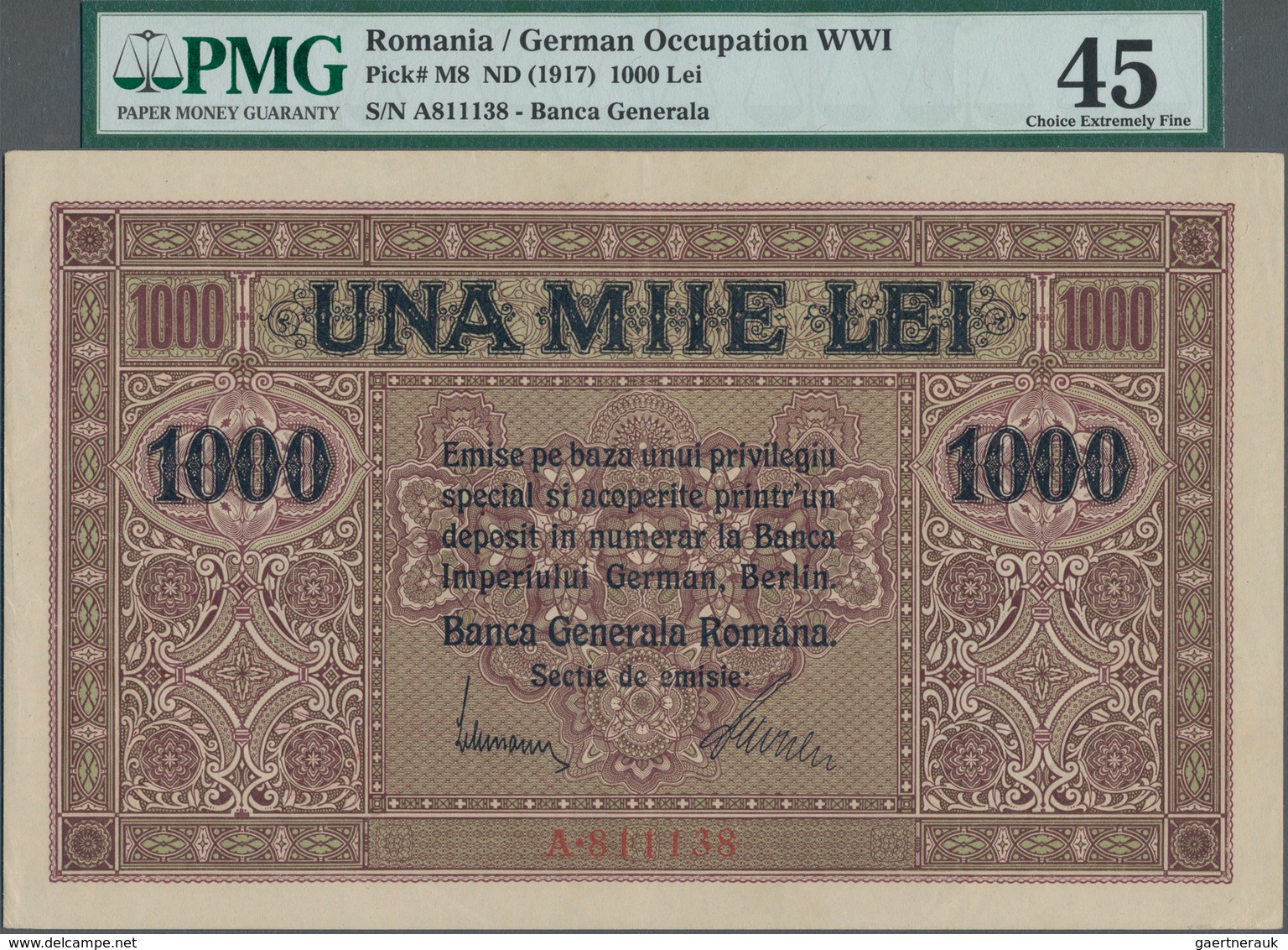Romania / Rumänien: Banca Generală Română 1000 Lei ND(1917), P.M8 With Red Stamp On Back, Great Cond - Rumänien