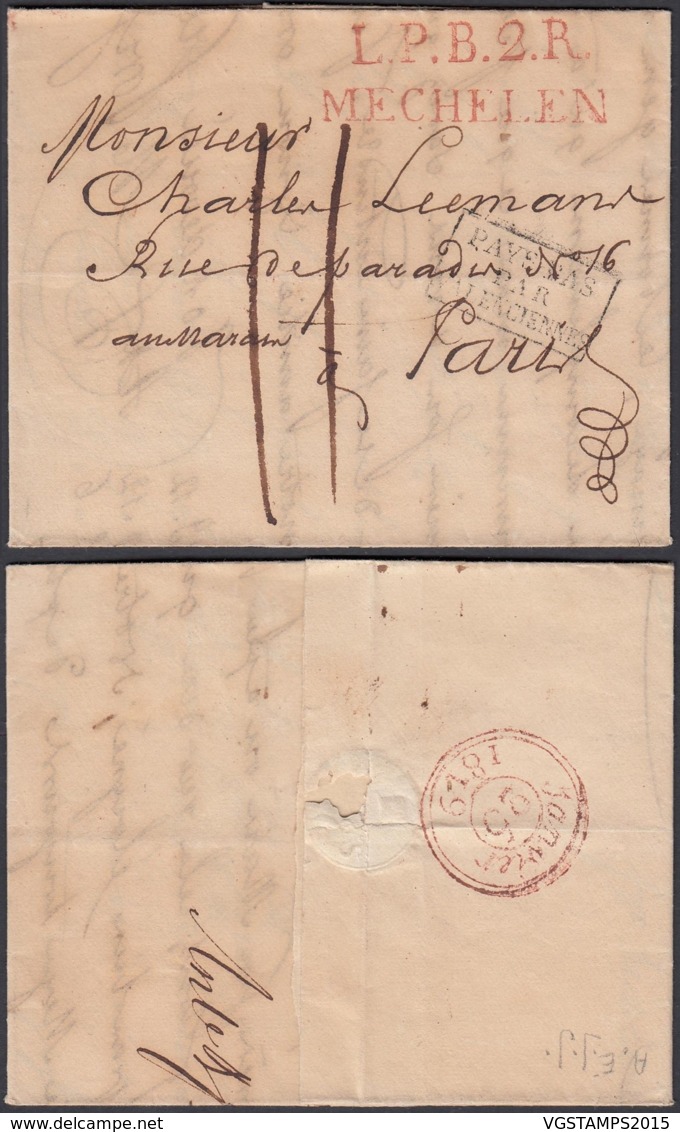 BELGIQUE LETTRE DATE DE MALINE 24/01/1819 GRIFFE L.P.B.2.R. MECHELEN VERS PARIS  (BE) DC-5397 - 1815-1830 (Période Hollandaise)