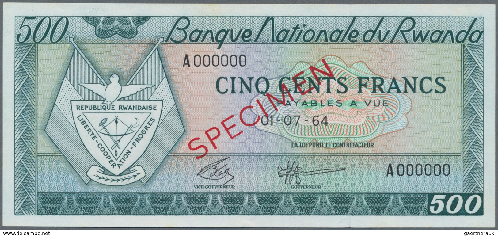 Rwanda / Ruanda: Banque Nationale Du Rwanda 500 Francs 1964 SPECIMEN, P.9s In Perfect UNC Condition. - Rwanda