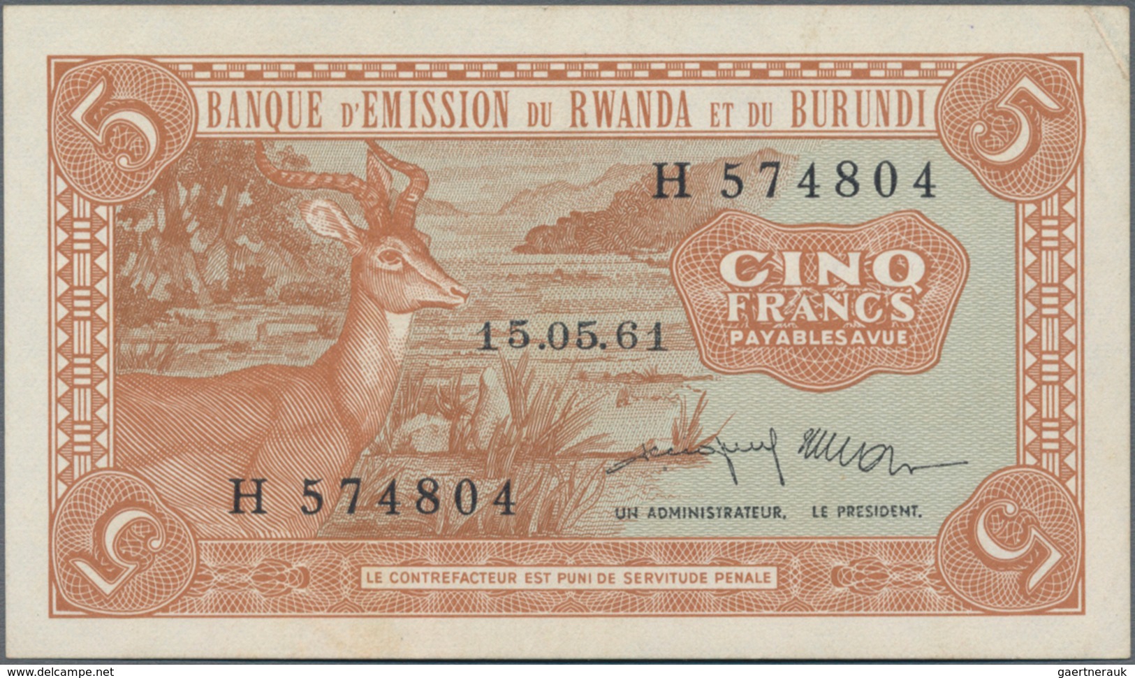Rwanda-Burundi / Ruanda-Burundi: Banque D'Émission Du Rwanda Et Du Burundi 5 Francs 1961, P.1, Very - Ruanda-Urundi