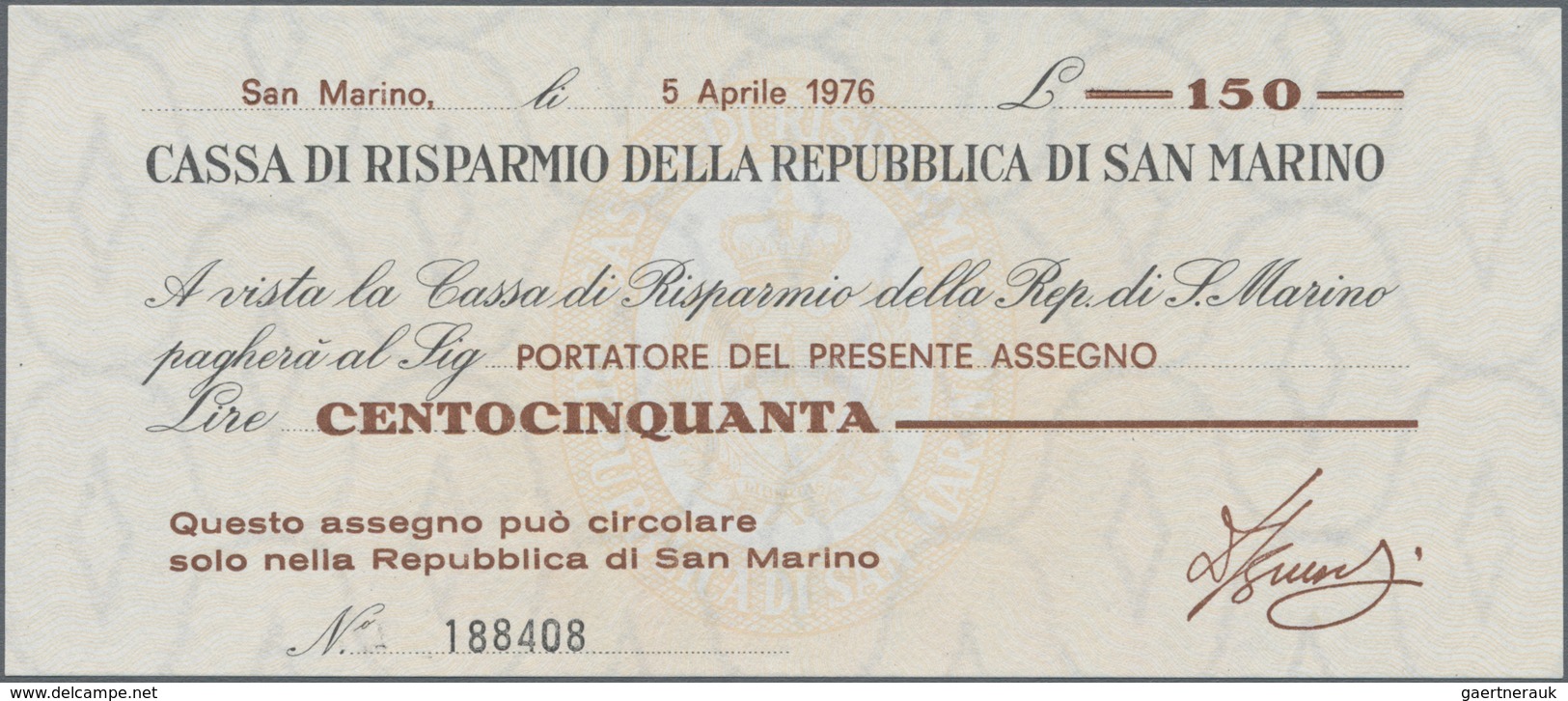 San Marino: Cassa Di Risparmio Della Repubblica Di San Marino 150 And 200 Lire 1976 Check Issue, P.S - San Marino