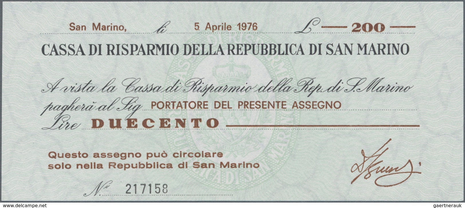 San Marino: Cassa Di Risparmio Della Repubblica Di San Marino 150 And 200 Lire 1976 Check Issue, P.S - San Marino