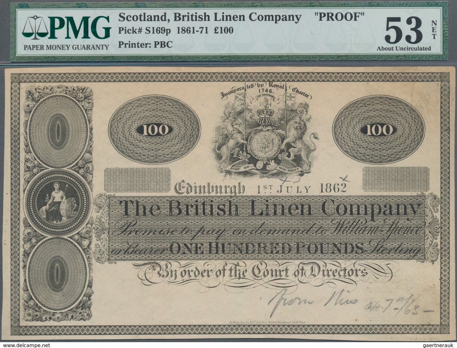 Scotland / Schottland: The British Linen Bank 100 Pounds 1862 Front Proof, P.S169p, Previously Mount - Autres & Non Classés