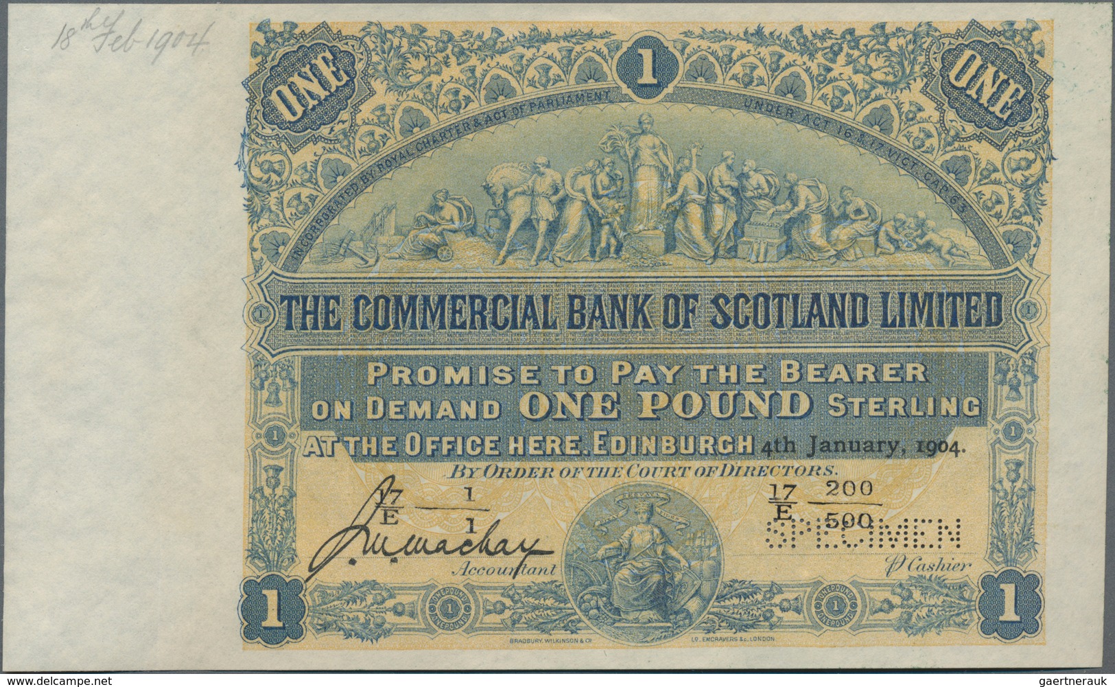 Scotland / Schottland: The Commercial Bank Of Scotland Limited 1 Pound 1904 SPECIMEN, P.S315s Withou - Other & Unclassified