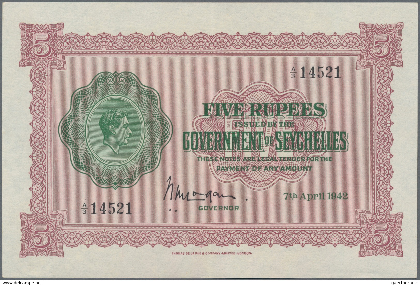 Seychelles / Seychellen: The Government Of Seychelles 5 Rupees 1942, P.8, Great Original Shape With - Seychelles