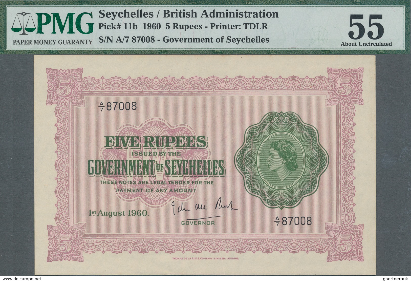 Seychelles / Seychellen: 5 Rupees 1960, P.11b, Soft Vertical Bend At Center And Lightly Toned At Upp - Seychellen