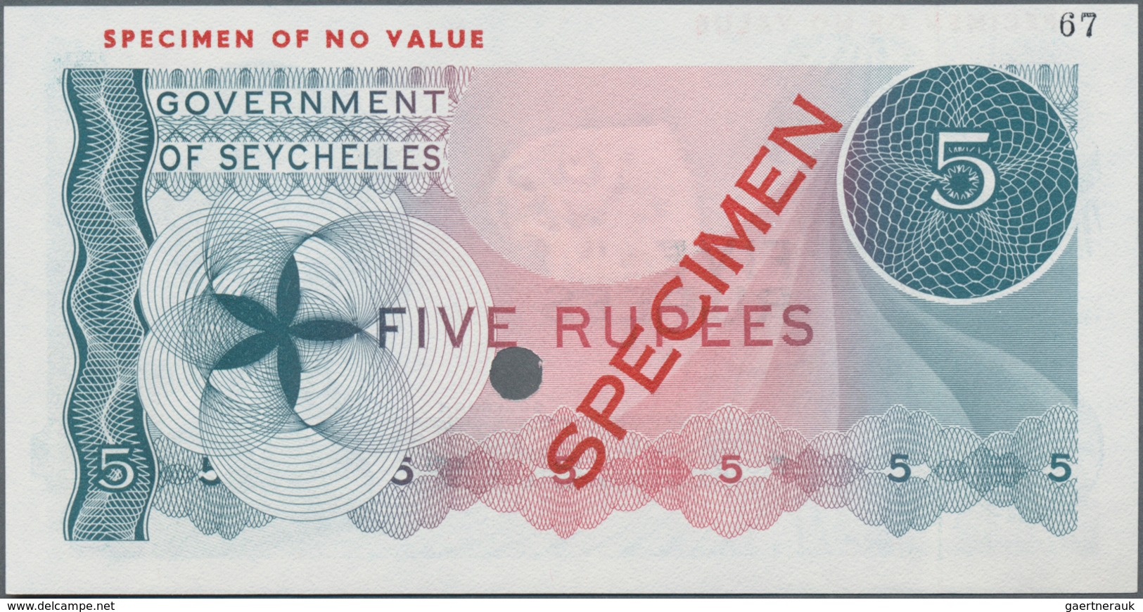 Seychelles / Seychellen: Government Of Seychelles 5 Rupees 1968 Color Trial Specimen, P.14cts Withou - Seychellen