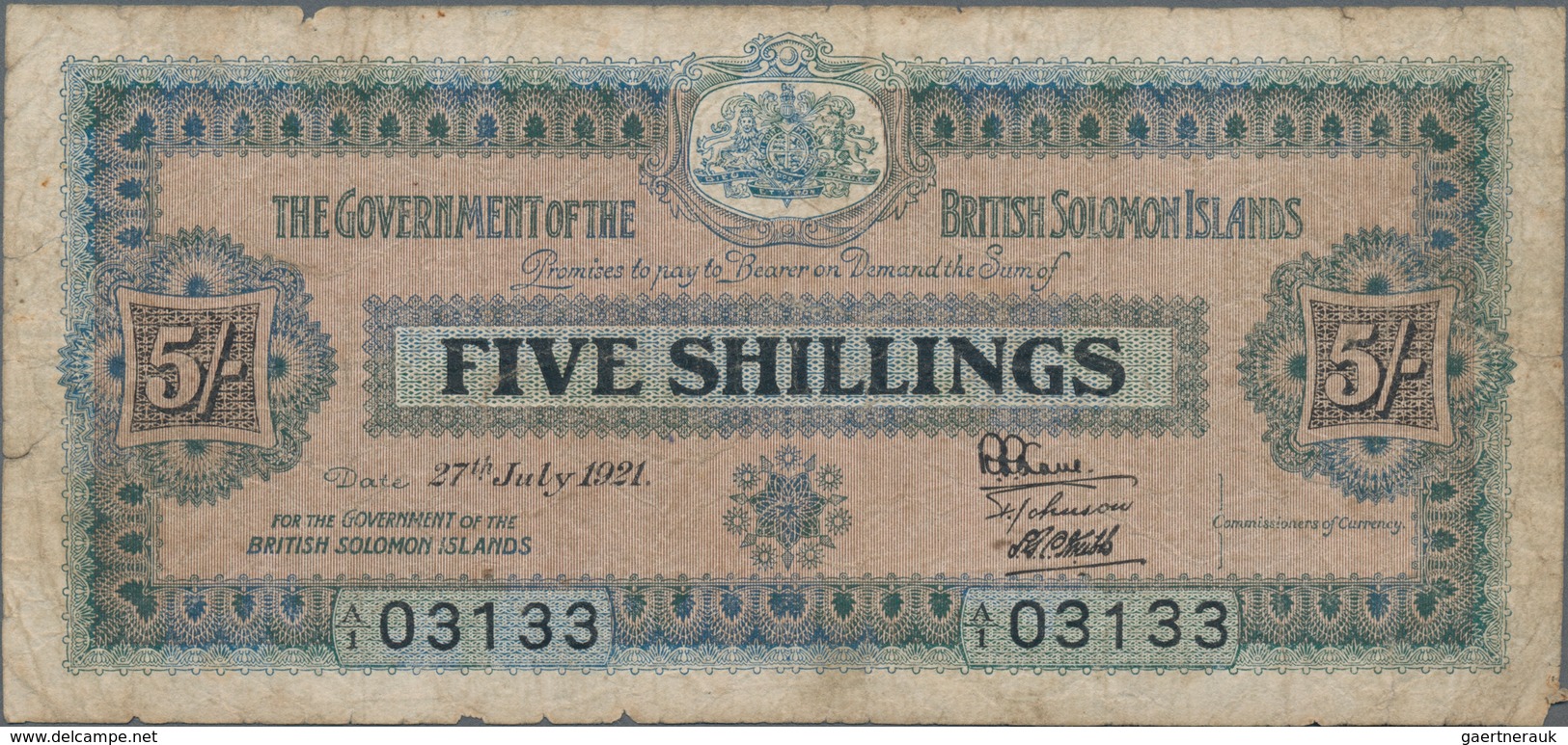 Solomon Islands: The Government Of The British Solomon Islands 5 Shillings 1921, P.1, Extraordinary - Salomons