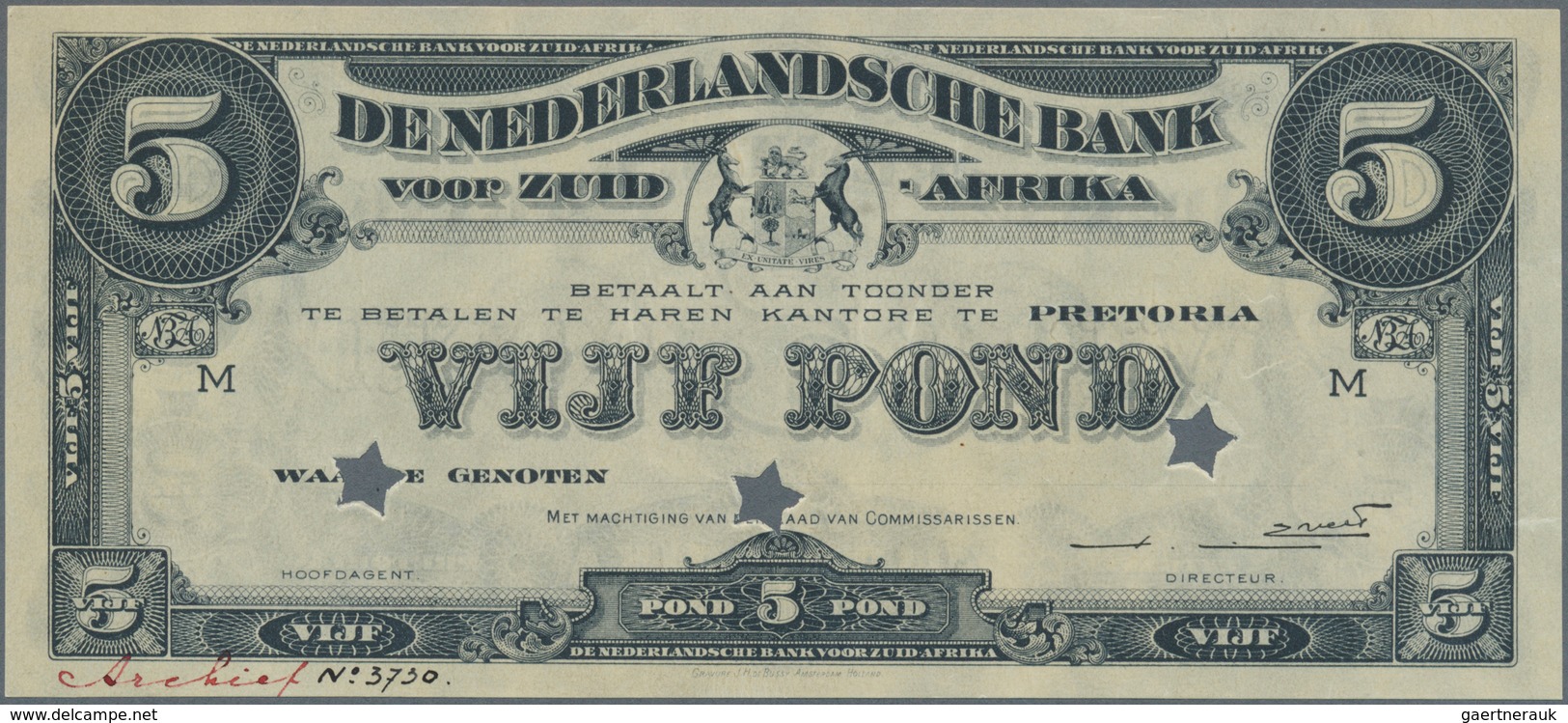 South Africa / Südafrika:  Netherlands Bank Of South Africa 5 Pond To 1920 Offset Printed Front And - Afrique Du Sud