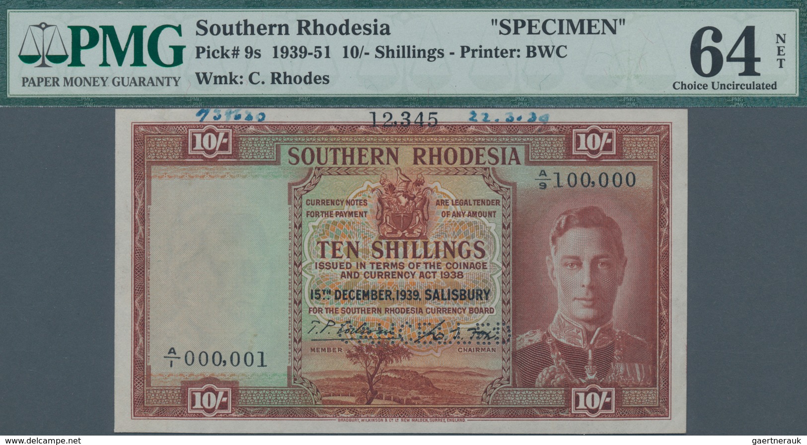 Southern Rhodesia / Süd-Rhodesien: The Southern Rhodesia Currency Board 10 Shillings 1939 SPECIMEN, - Rhodesien