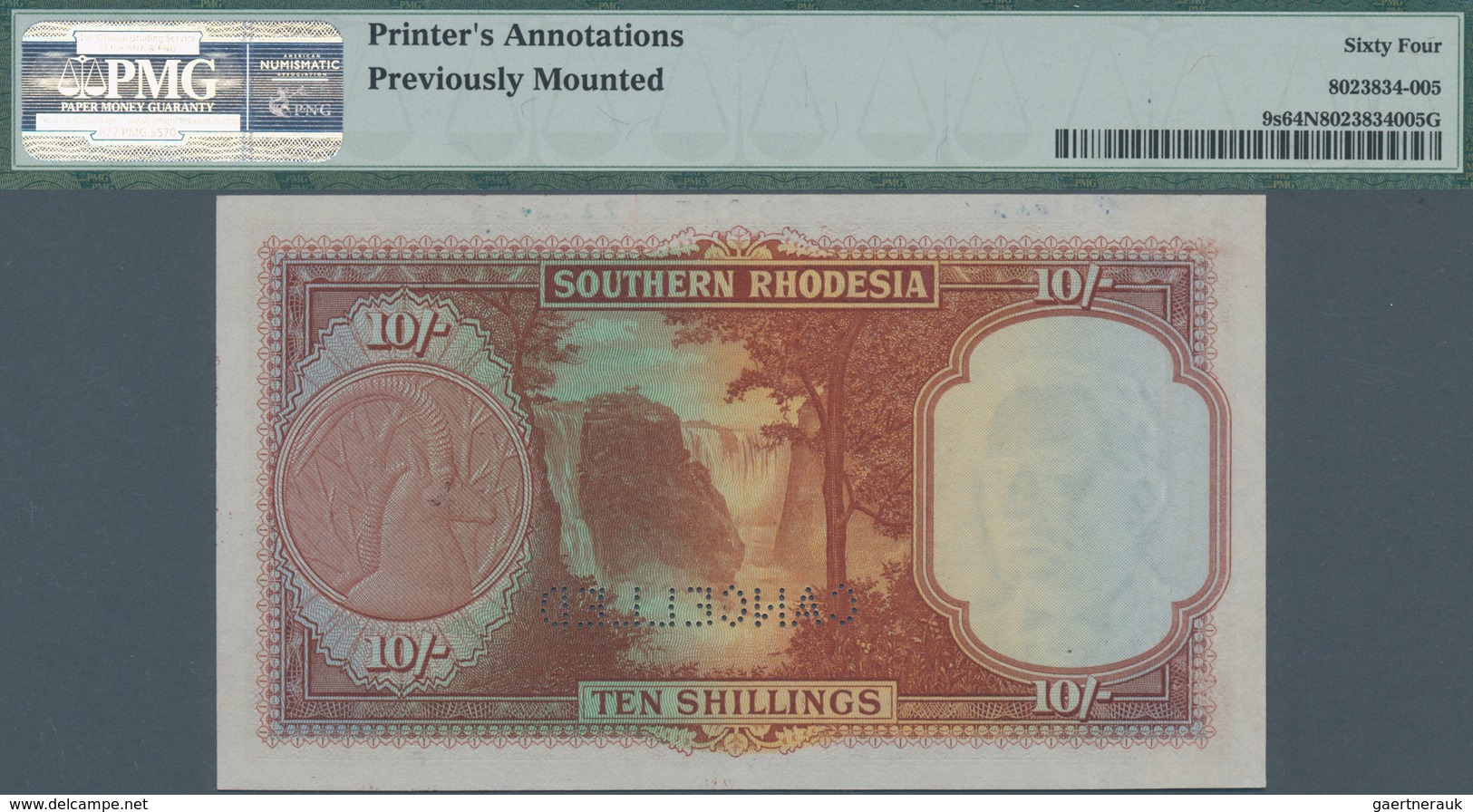 Southern Rhodesia / Süd-Rhodesien: The Southern Rhodesia Currency Board 10 Shillings 1939 SPECIMEN, - Rhodesien