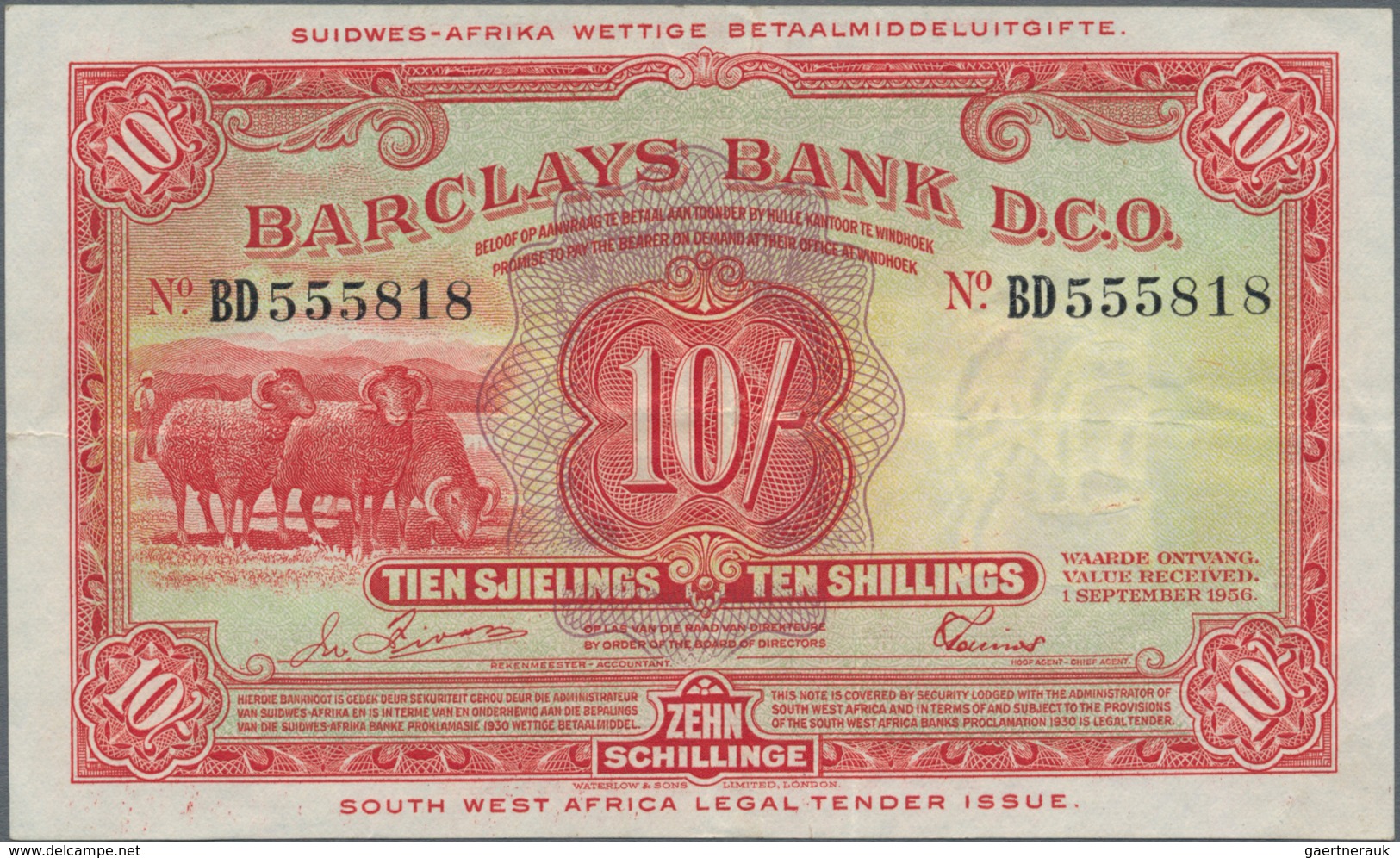 Southwest Africa: Barclays Bank D.C.O. 10 Shillings 1956, P.4, Great Condition With Strong Paper And - Namibie