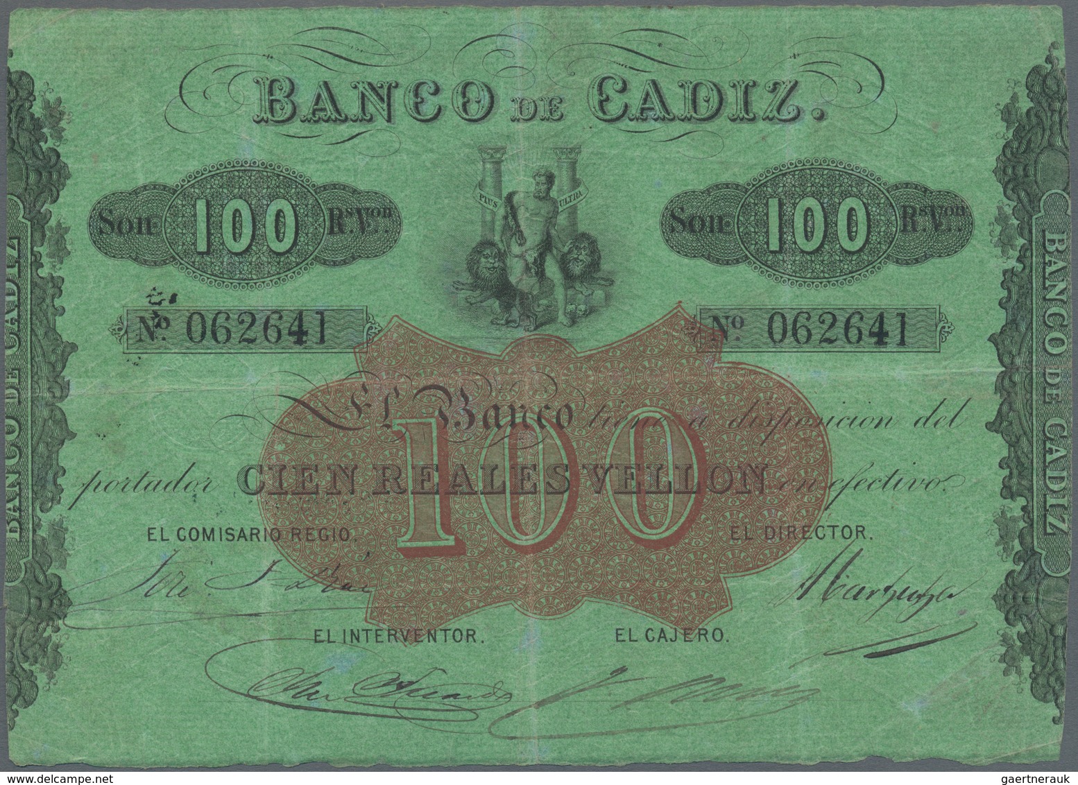 Spain / Spanien: Banco De Cadiz 100 Reales Vellon ND(1847), P.S291 With Some Bank Stamps On Back, Ot - Autres & Non Classés