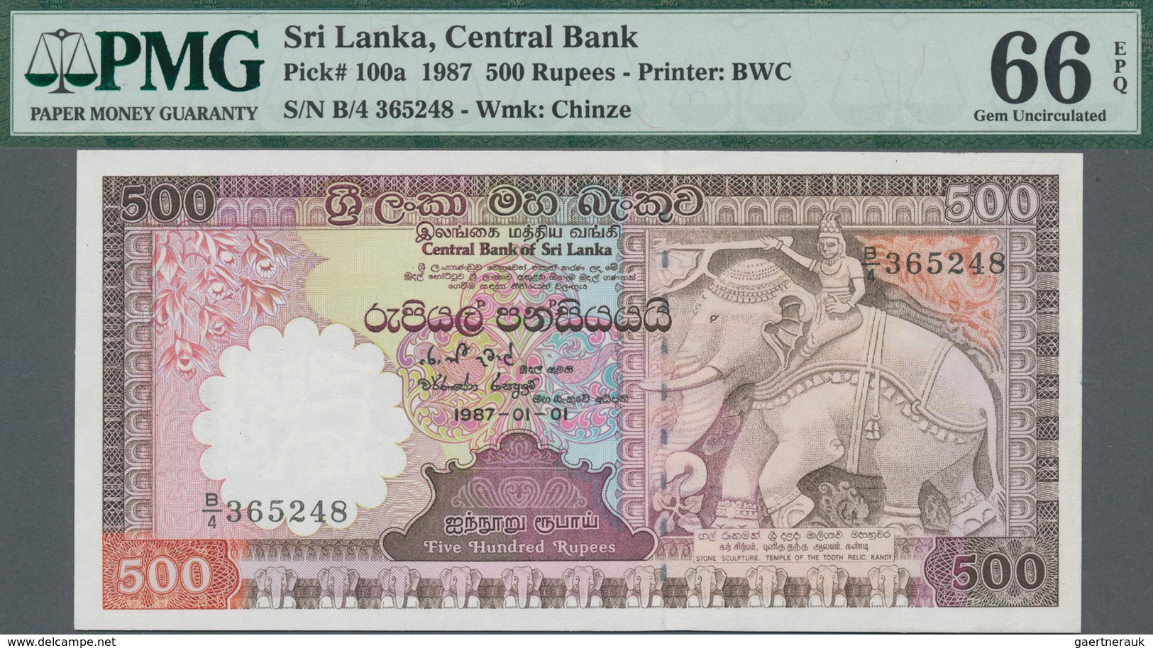 Sri Lanka: Central Bank Of Sri Lanka 500 Rupees 1987, P.100a, Great Original Shape, PMG Graded 66 Ge - Sri Lanka