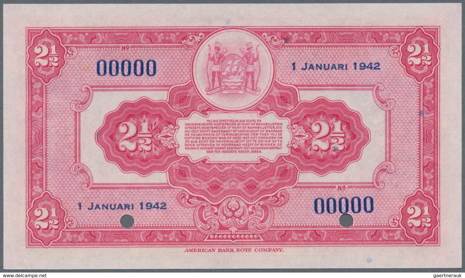 Suriname: De Surinaamsche Bank 2 ½ Gulden 1942 SPECIMEN, P.87bs With Serial Number 00000, Punch Hole - Surinam