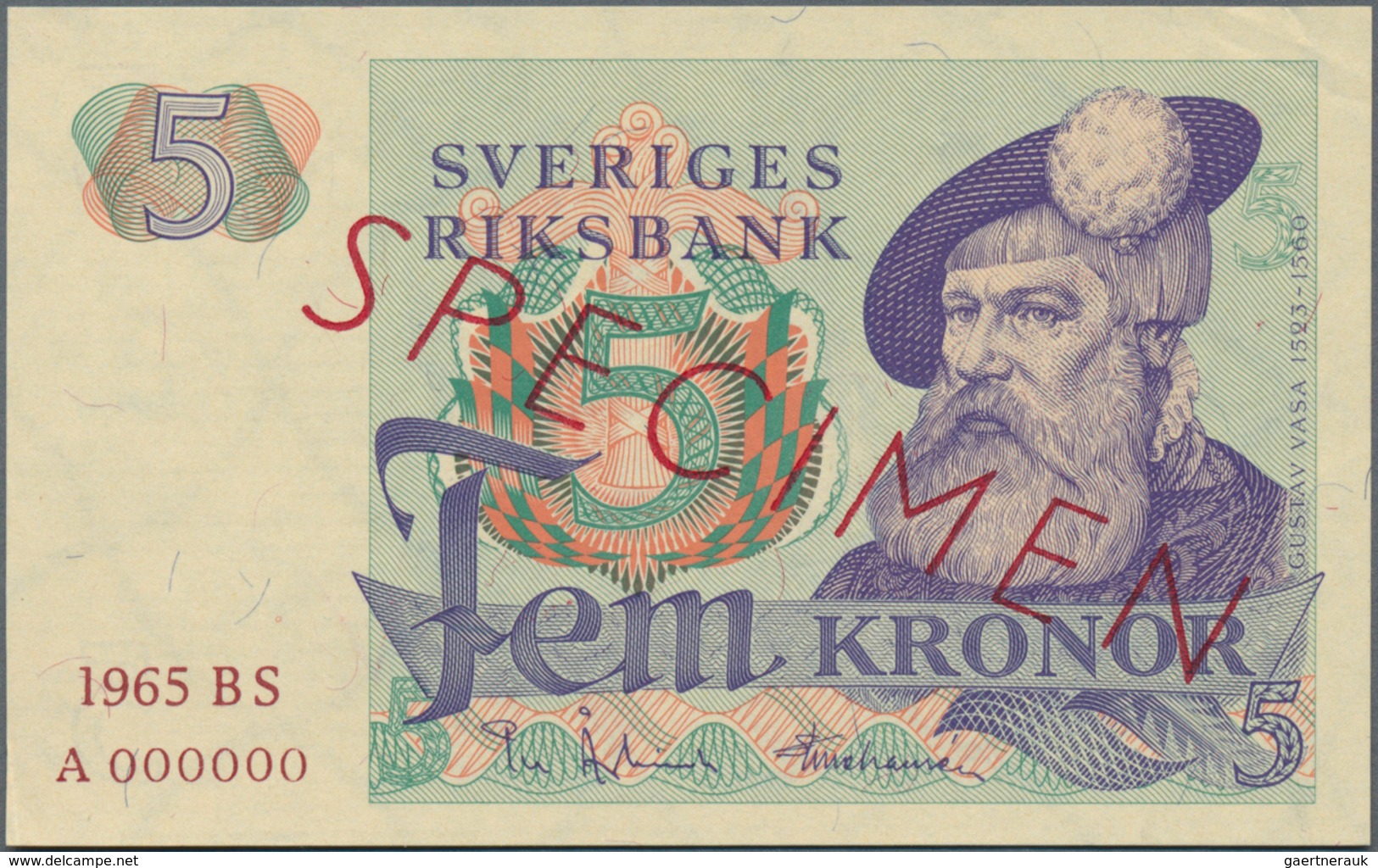 Sweden / Schweden: Sveriges Riksbank 5 Kronor 1965 SPECIMEN, P.51as, Tiny Dint At Upper Right Corner - Schweden