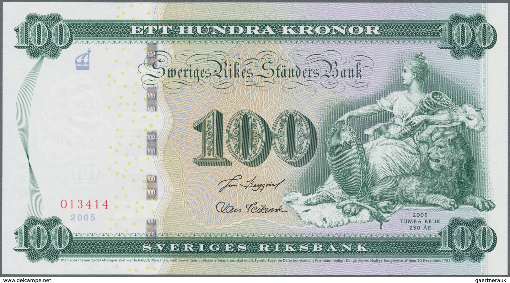 Sweden / Schweden: Sveriges Riksbank 100 Kronor 2005 Commemorating The 250th Anniversary Of Swedish - Sweden
