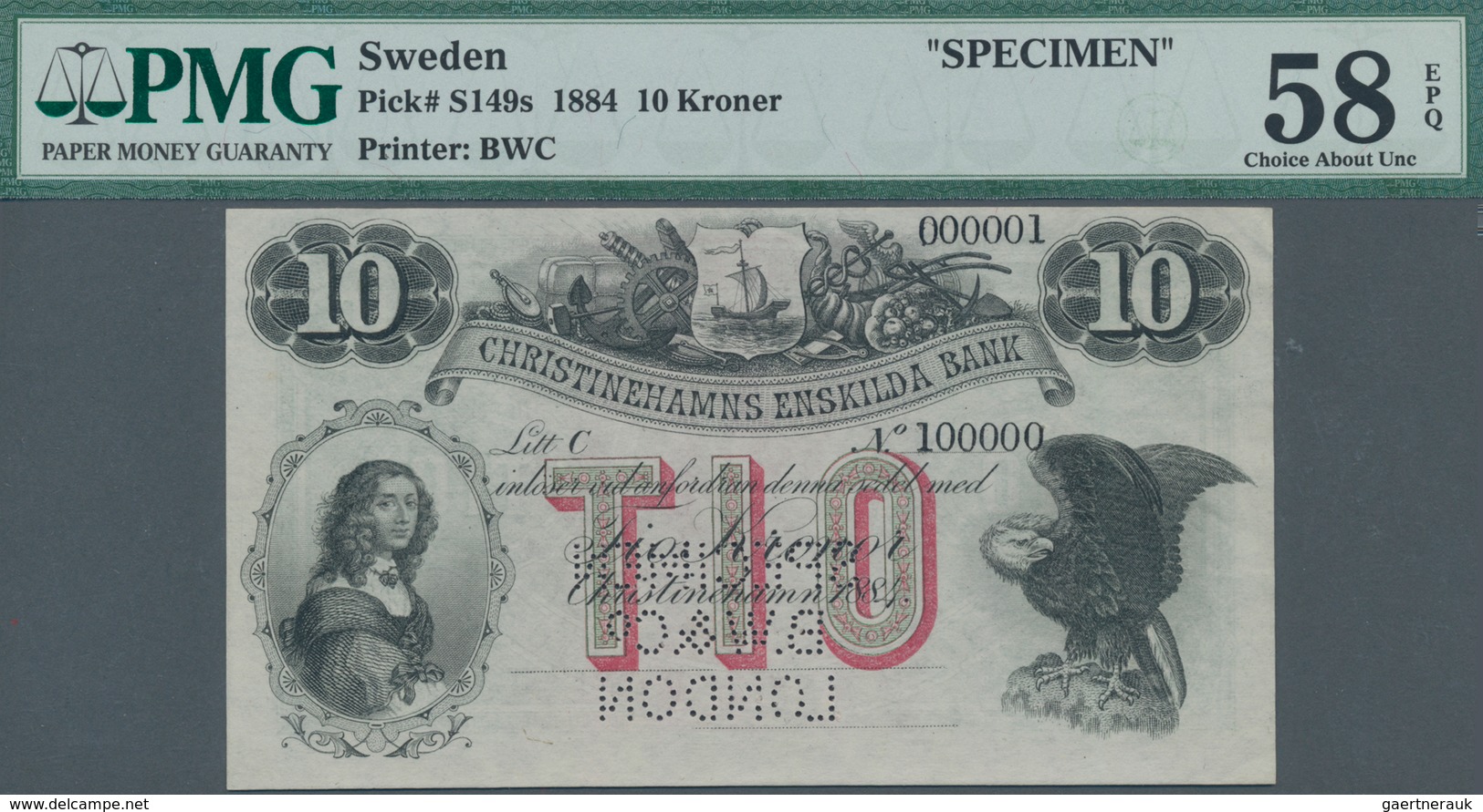 Sweden / Schweden: Christinehamns Enskilda Bank 10 Kroner 1884 SPECIMEN, P.S149s With Perforation "S - Sweden