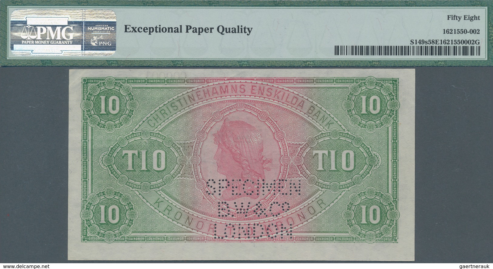 Sweden / Schweden: Christinehamns Enskilda Bank 10 Kroner 1884 SPECIMEN, P.S149s With Perforation "S - Schweden