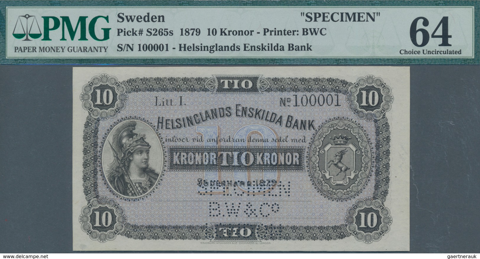 Sweden / Schweden: Helsinglands Enskilda Bank 10 Kronor 1879 SPECIMEN, P.S265s With Perforation "Spe - Schweden