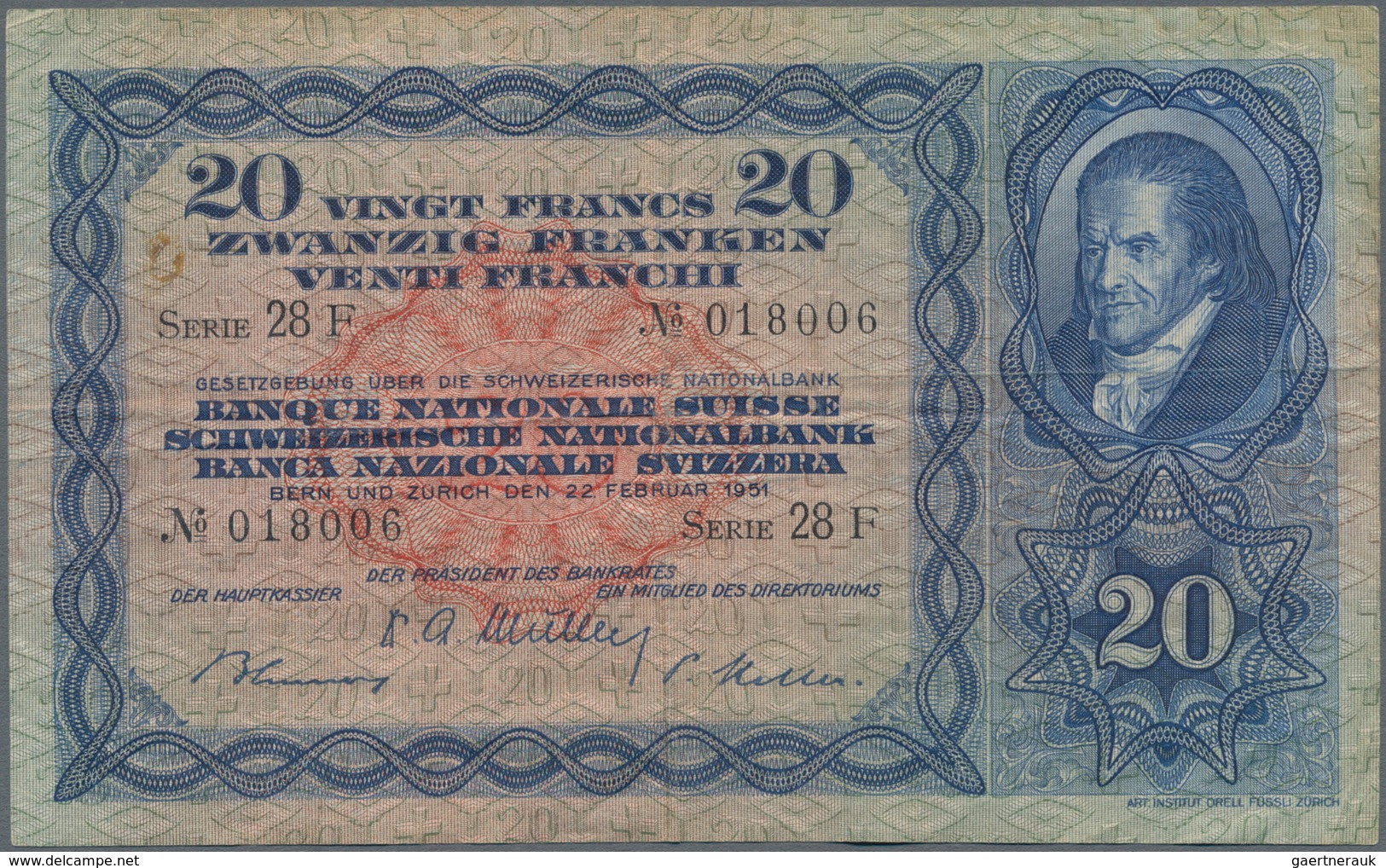 Switzerland / Schweiz: 20 Franken February 22nd 1951, P.39s, Still Nice With Circulation Marks Like - Switzerland