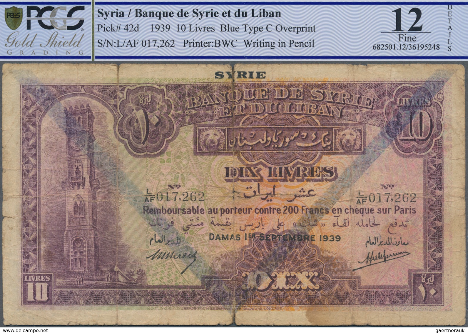 Syria / Syrien: Banque De Syrie Et Du Liban 10 Livres 1939 With Triangle Overprint, P.42d, Almost We - Syria