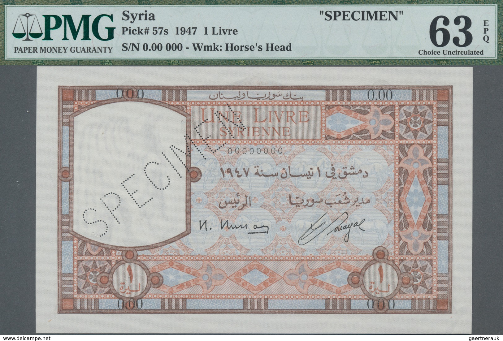 Syria / Syrien: Banque De Syrie Et Du Liban 1 Livre 1947 SPECIMEN, P.57s With Perforation "Specimen" - Syria