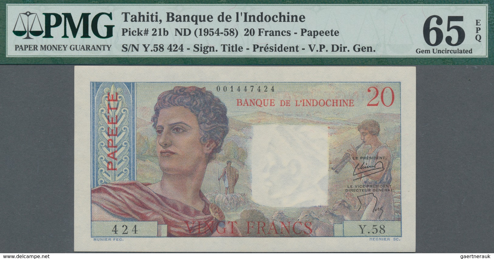 Tahiti: Banque De L'Indochine – Papeete 20 Francs ND(1954-58), P.21b, Perfect Condition And PMG Grad - Autres - Océanie