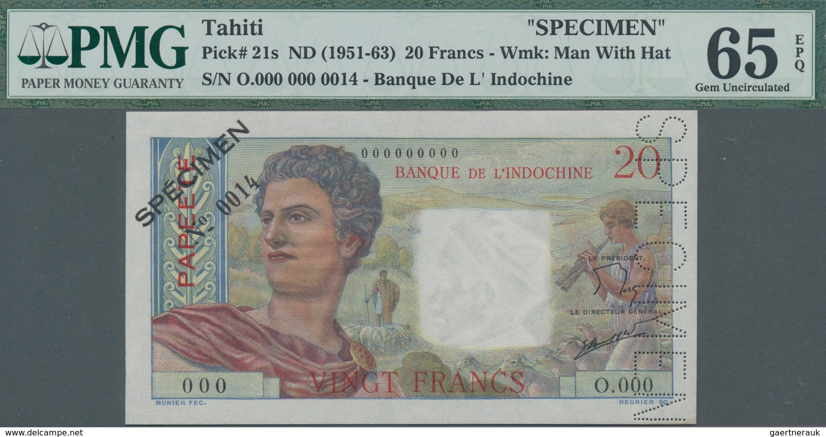 Tahiti: Banque De L'Indochine – Papeete 20 Francs ND(1951-63) SPECIMEN, P.21s With Perforation "Spec - Sonstige – Ozeanien