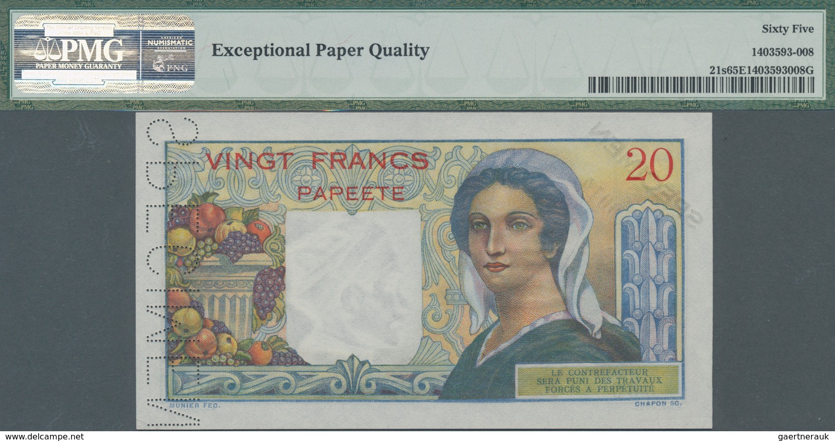 Tahiti: Banque De L'Indochine – Papeete 20 Francs ND(1951-63) SPECIMEN, P.21s With Perforation "Spec - Other - Oceania