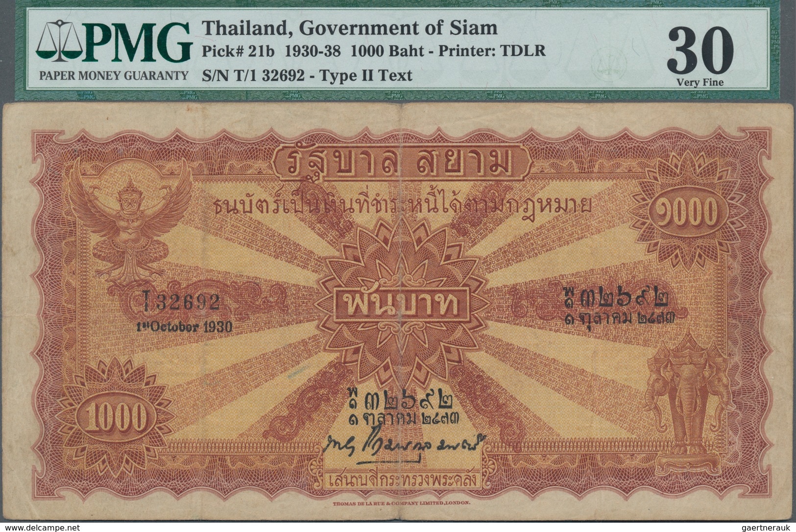 Thailand: Government Of Siam 1000 Baht October 1st 1930, P.21b, Very Rare And Highest Denomination O - Thaïlande