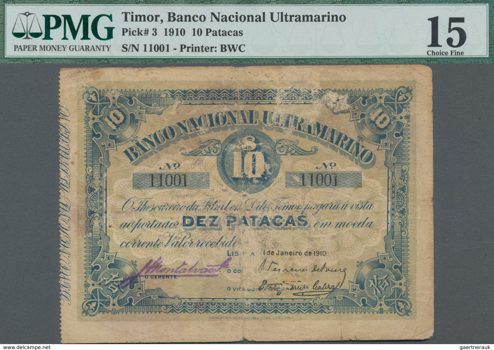 Timor: Banco Nacional Ultramarino – TIMOR 10 Patacas 1910, P.3, Tiny Margin Splits And Small Tears A - Timor