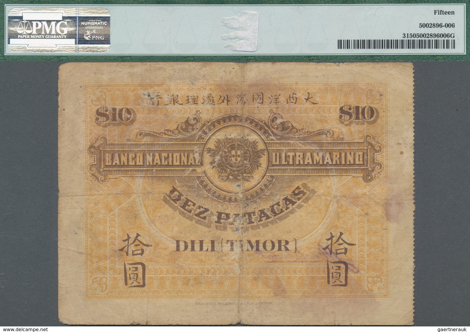 Timor: Banco Nacional Ultramarino – TIMOR 10 Patacas 1910, P.3, Tiny Margin Splits And Small Tears A - Timor