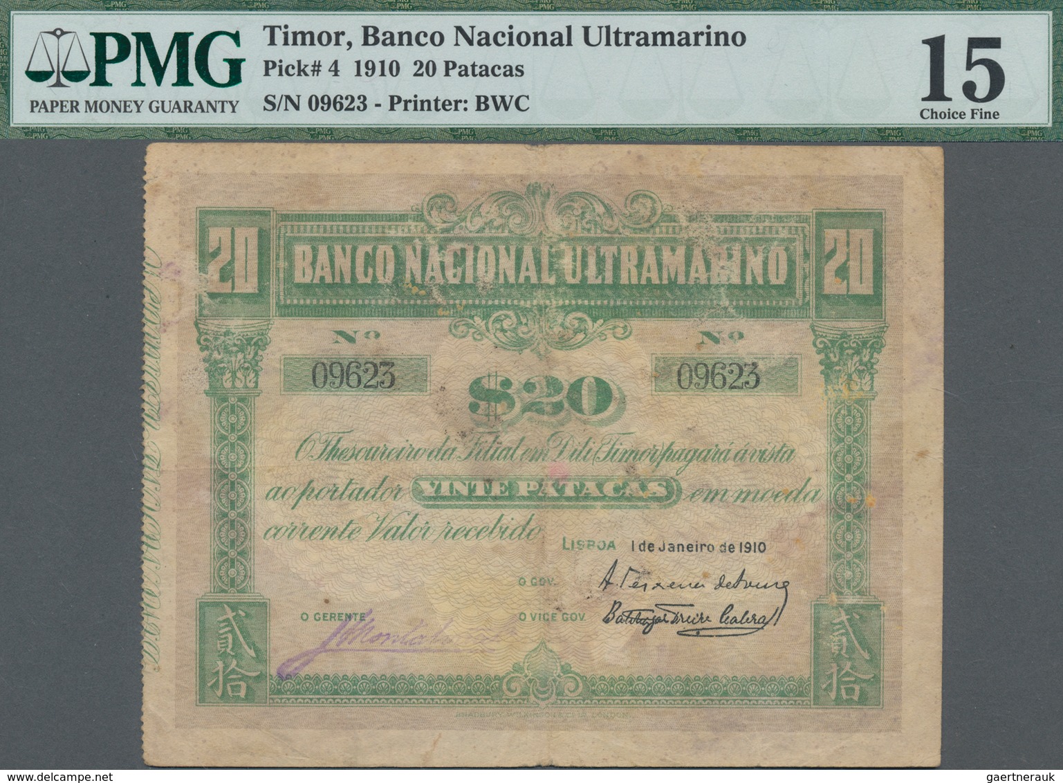 Timor: Banco Nacional Ultramarino – TIMOR 20 Patacas 1910, P.4, Still Nice With Tiny Holes And Tears - Timor