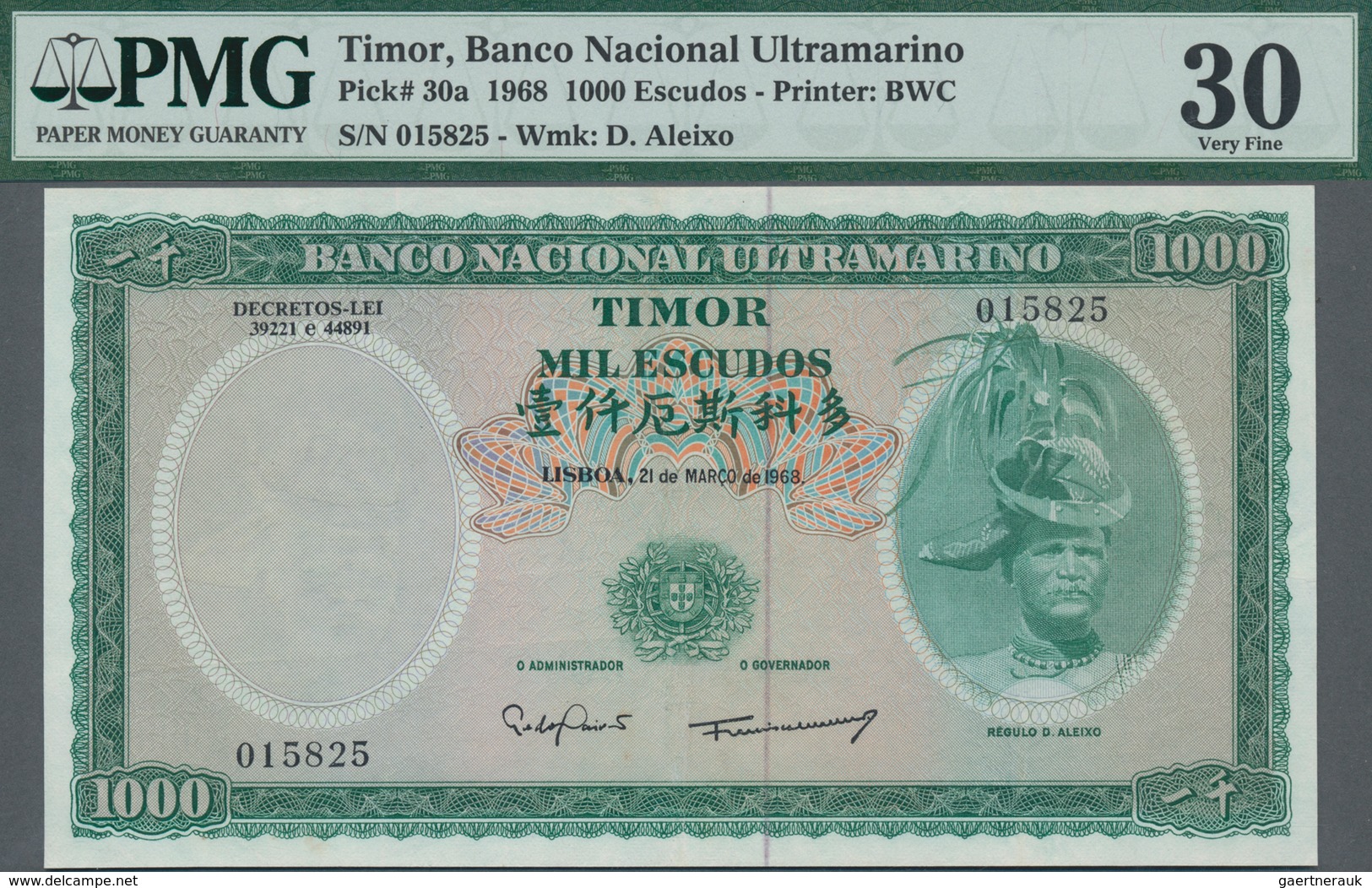 Timor: Banco Nacional Ultramarino 1000 Escudos 1968, P.30a, PMG 30 Very Fine With Minor Repairs But - Timor