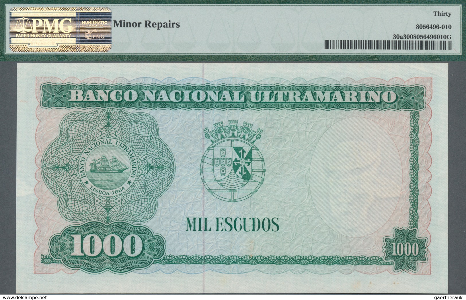 Timor: Banco Nacional Ultramarino 1000 Escudos 1968, P.30a, PMG 30 Very Fine With Minor Repairs But - Timor