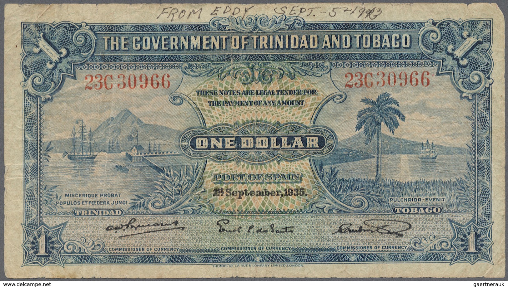 Trinidad & Tobago: 1 Dollar 1935, First Date Issue, P. 5 Used With Folds And Stain In Paper, A Pen W - Trinidad & Tobago