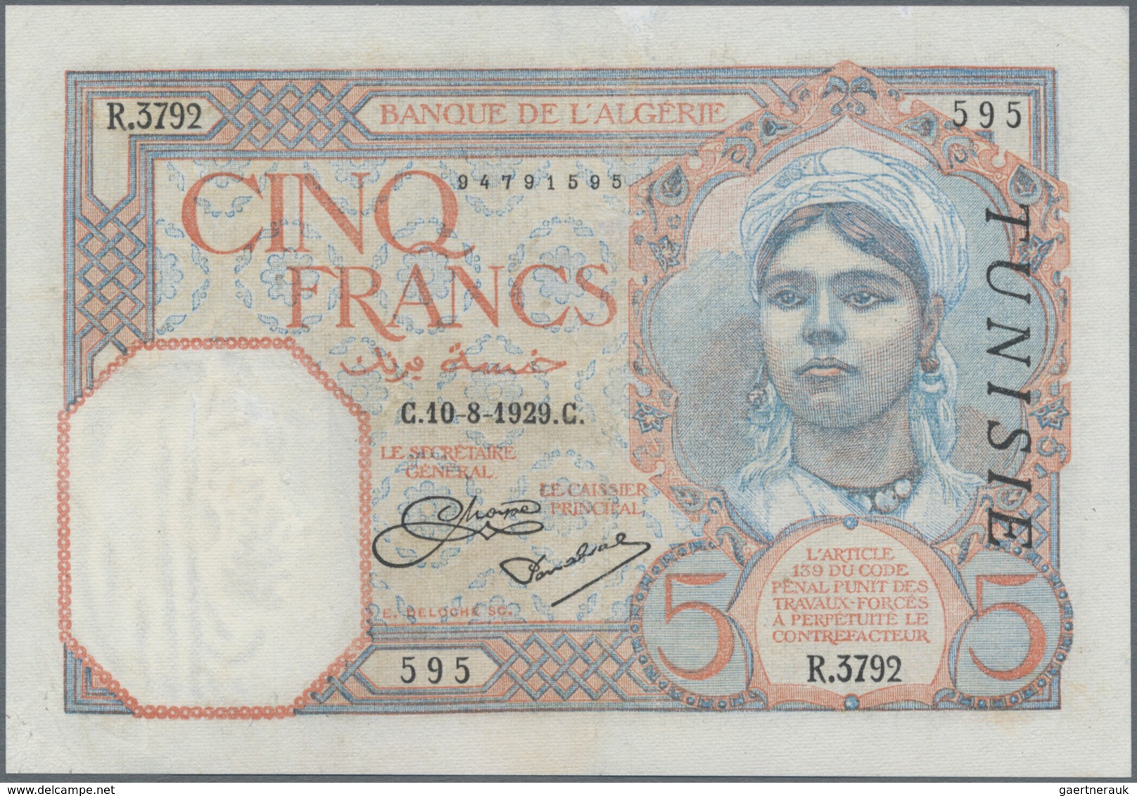 Tunisia / Tunisien: Banque De L'Algérie – TUNISIE Pair With 5 Francs November 18th 1925 (F/F-) And 5 - Tunesien