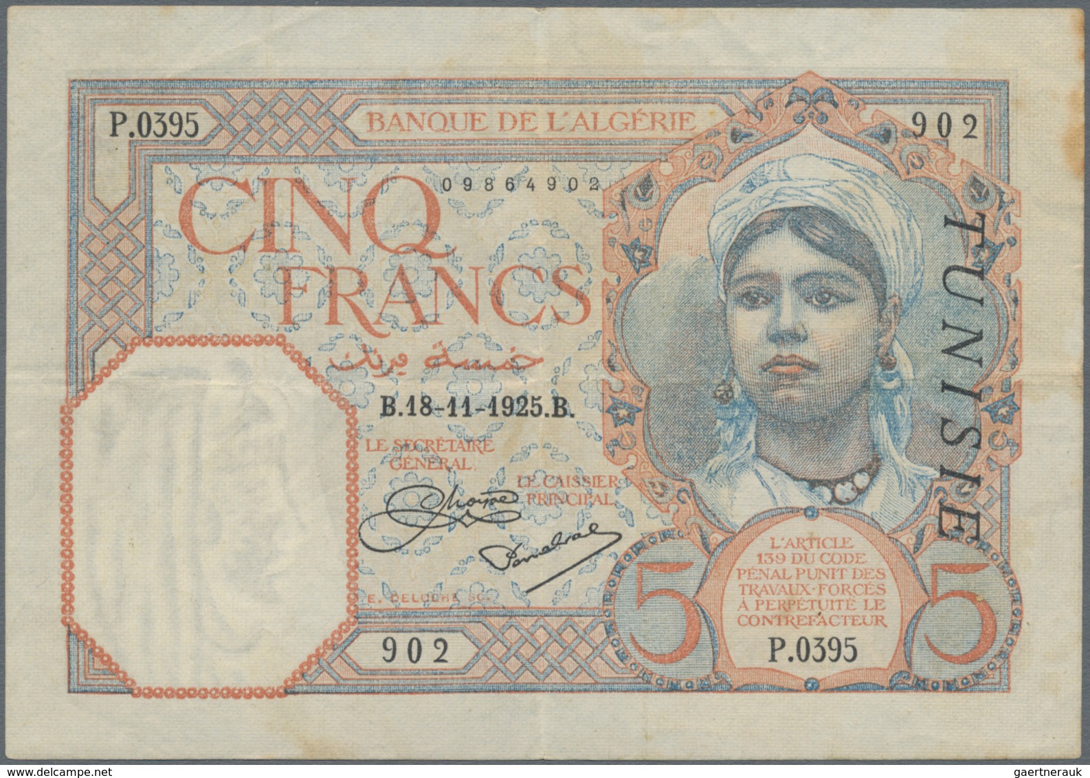 Tunisia / Tunisien: Banque De L'Algérie – TUNISIE Pair With 5 Francs November 18th 1925 (F/F-) And 5 - Tunesien