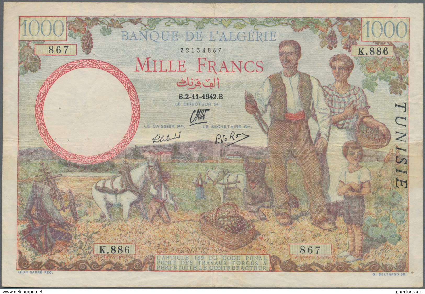 Tunisia / Tunisien: Banque De L'Algérie 1000 Francs 1942 With "TUNISIE" Overprint At Right On Algeri - Tunesien