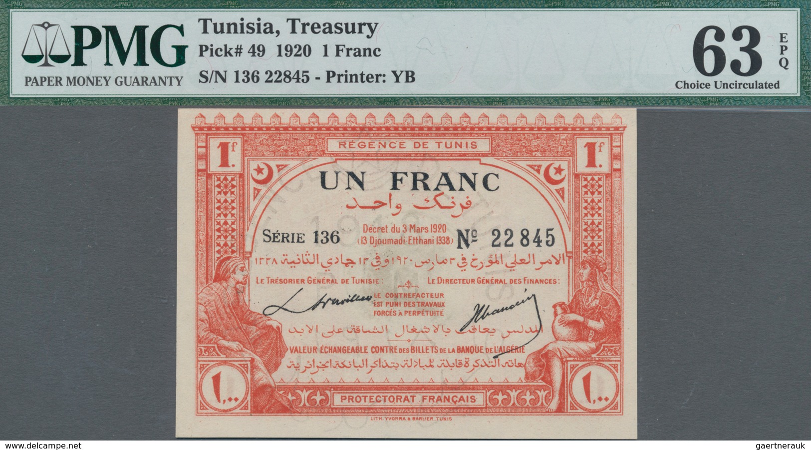 Tunisia / Tunisien: Régence De Tunis - Direction Générale Des Finances 1 Franc 1920, P.49, Excellent - Tunisia