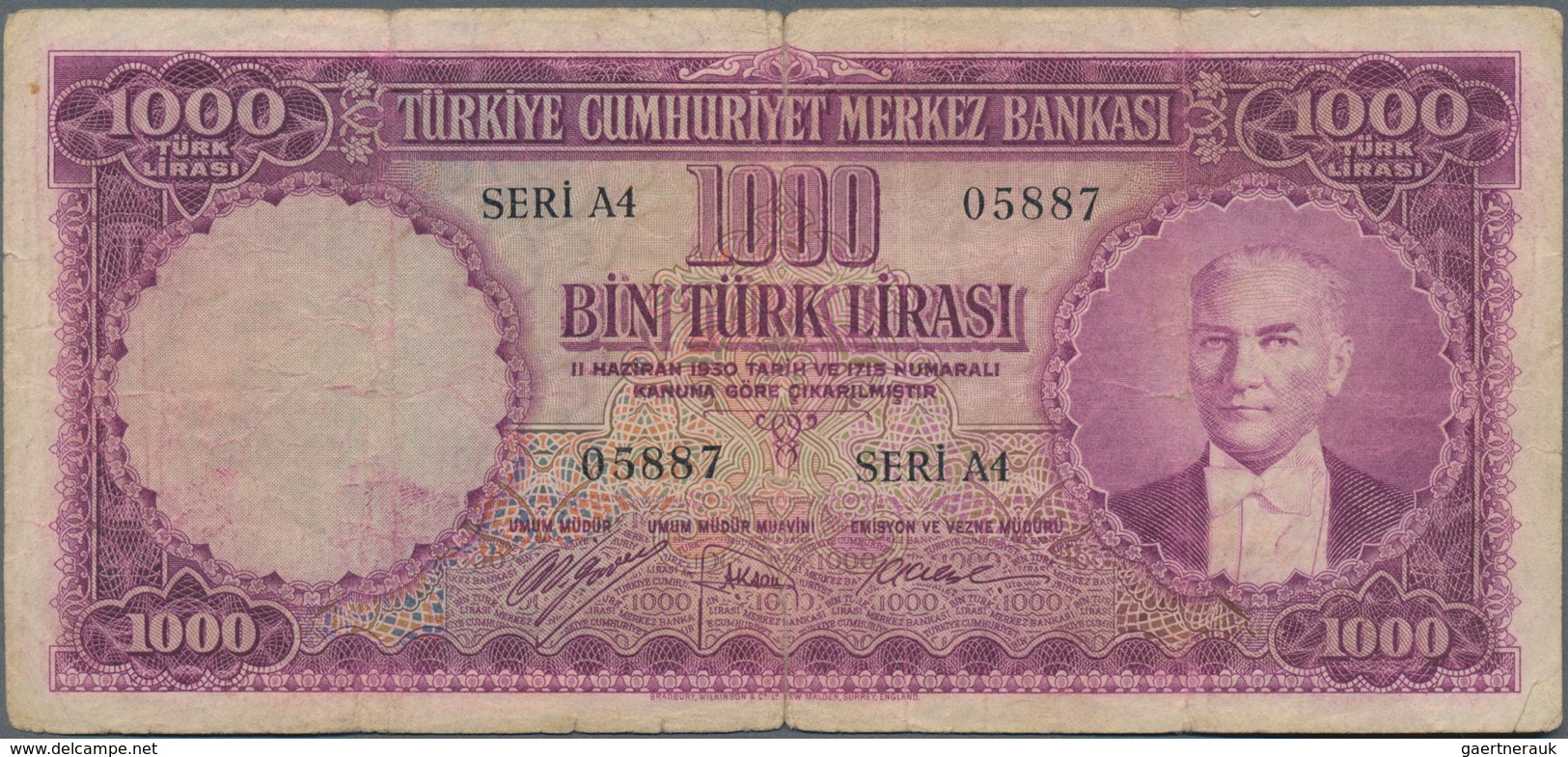 Turkey / Türkei: 1000 Türk Lirasi L. 1930 (1951-1961) "Atatürk" - 5th Issue, P.172, Larger Border Te - Turquie