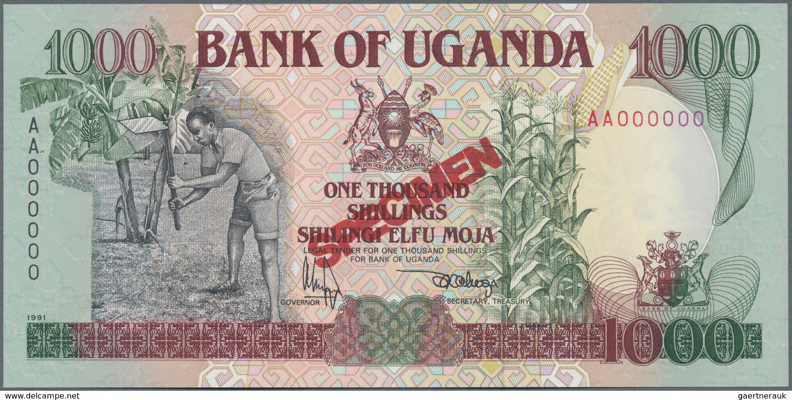 Uganda: Bank of Uganda set with 8 banknotes 5, 10, 20, 50, 100, 200, 500 and 1000 Shillings 1987/199