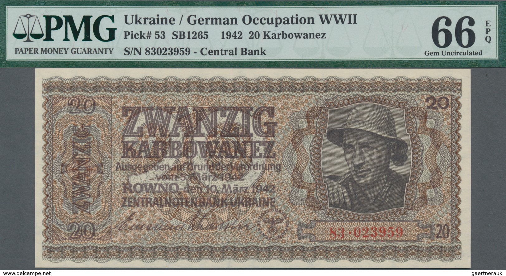 Ukraina / Ukraine: Zentralnotenbank Ukraine 20 Karbowanez 1942, P.53, PMG 66 Gem Uncirculated EPQ. R - Ukraine