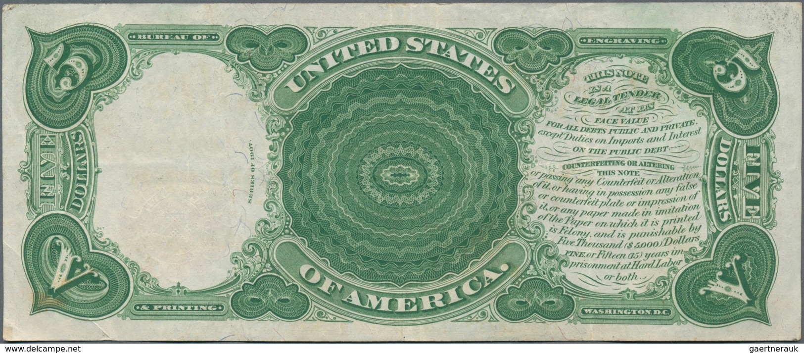 United States Of America: United States Treasury 5 Dollars Series 1907 With Signatures: Speelman & W - Other & Unclassified